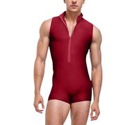 Generisch Tuta da uomo a olio, lucida, con colletto alto, chiusura lampo, tinta unita, per sport, fitness, senza maniche, in neoprene, per leotard, Colore: rosso, L