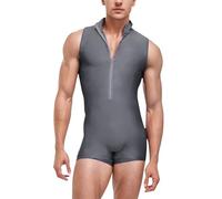 Generisch Tuta da uomo a olio, lucida, con colletto alto, chiusura lampo, tinta unita, per sport, fitness, senza maniche, in neoprene, per leotard, grigio., M