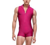 Generisch Tuta da uomo a olio, lucida, con colletto alto, chiusura lampo, tinta unita, per sport, fitness, senza maniche, in neoprene, per leotard, Rosa caldo, XXL
