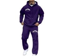Generisch Tuta da uomo blu tuta da uomo con stampa con cappuccio, set casual comodo, maglione Jogger Wear elegante in due pezzi adatto abbigliamento cavo di alimentazione, Viola scuro, S