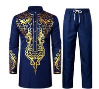 Generisch Tuta da uomo con colletto alto, 2 pezzi, con giacca e pantaloni, in stile africano, colore oro, Blu scuro, M