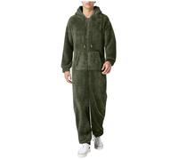 Generisch Tuta da uomo in pile Teddy, tuta intera da uomo, soffice, pigiama, invernale, calda, in peluche, per la casa, per il sonno, morbido, pigiama con cappuccio, O verde dell'esercito, 5XL