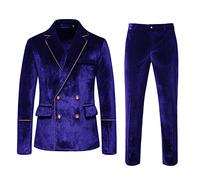 Generisch Tuta da uomo in velluto, elegante e casual, set da due pezzi, blazer smoking, slim fit, giacca e pantaloni da uomo, per cena, matrimonio, Blu, L