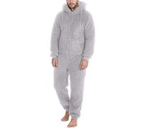 Generisch Tuta da uomo, lunga, calda, in pile, con chiusura lampo, in peluche, per il sonno, per l'inverno, con cappuccio e tasche, grigio., XL