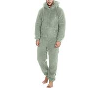 Generisch Tuta da uomo, lunga, calda, in pile, con chiusura lampo, in peluche, per il sonno, per l'inverno, con cappuccio e tasche, verde, L