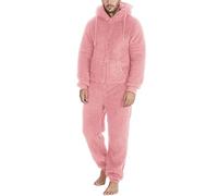 Generisch Tuta da uomo, lunga, calda, in pile, con chiusura lampo, in peluche, per il sonno, per l'inverno, con cappuccio e tasche, Colore: rosa., 4XL