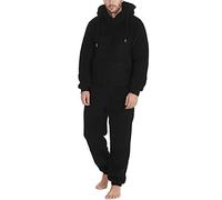 Generisch Tuta da uomo, lunga, calda, in pile, con chiusura lampo, in peluche, per il sonno, per l'inverno, con cappuccio e tasche, Nero , XXL