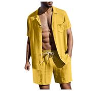 Generisch Tuta da uomo per il tempo libero, a maniche corte, con camicia e pantaloncini, tinta unita, in cotone, con colletto rovesciato, due pezzi