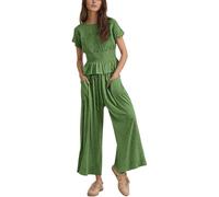 Generisch Tuta estiva da donna in due pezzi, con balze, con pantaloni larghi, comoda tuta da jogging come elegante tuta da casa, loungewear per le giornate di relax a casa, verde, S
