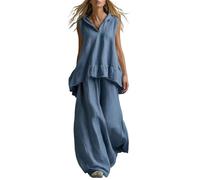 Generisch Tuta estiva da donna in due pezzi, per il tempo libero, senza maniche, con orlo a balza e pantaloni larghi, a vita alta, tinta unita, casual, confortevole, per le vacanze, leggero, in due