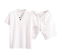 Generisch Tuta estiva da uomo in cotone con maniche corte, set da due pezzi in tinta unita per giornate calde, versatile abbinabile con pantaloni e giacca, bianco, 5XL