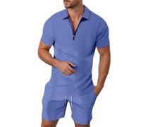 Generisch Tuta estiva da uomo, in rete, 2 pezzi, a maniche corte, con risvolto, camicia e pantaloncini, alla moda, casual, per il tempo libero e la vita quotidiana, Blu, L