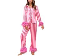 Generisch Tuta europea da donna in seta di ghiaccio in due pezzi con motivo a piume per un comfort autunnale, rosa intenso, S