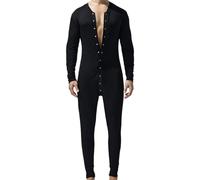 Generisch Tuta intera da uomo, body da uomo, per adulti, pigiama da uomo, tinta unita, biancheria intima termica elasticizzata, a maniche lunghe, con bottoni, O nero., XXL