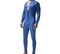 Generisch Tuta intera da uomo, body da uomo, per adulti, pigiama da uomo, tinta unita, biancheria intima termica elasticizzata, a maniche lunghe, con bottoni, O blu scuro, XL