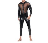 Generisch Tuta intera in lattice, da uomo, effetto bagnato, in pelle, con chiusura a rete, per il bodybuilding, slim fit, onesie sext, tuta patchwork, leotard zip, collant in ecopelle, Nero , XL
