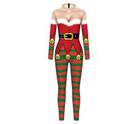 Generisch Tuta natalizia da donna, con stampa 3D, a righe, a maniche lunghe, per cosplay, tutto il corpo, per Natale, per feste, 01 rosso., XL