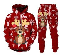 Generisch Tuta natalizia da uomo, con cappuccio, tuta sportiva con cappuccio e pantaloni da jogging, albero di Natale, Babbo Natale rosso, stampa 3D, 2 pezzi