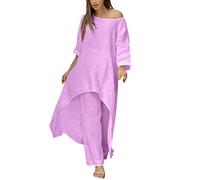 Generisch Tuta per il tempo libero da donna, elegante in lino, in due pezzi, con gamba larga e maniche lunghe, top in 2 pezzi, casual, a girocollo, oversize, larga, vintage, Lilla, S