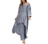 Generisch Tuta per il tempo libero da donna, elegante in lino, in due pezzi, con gamba larga e maniche lunghe, top in 2 pezzi, casual, a girocollo, oversize, larga, vintage, a, S