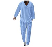 Generisch Tuta per il tempo libero da uomo, in due pezzi, casual, a mezza maniche, con scollo a V, con coulisse, in vita elasticizzata, per jogging, sport, spiaggia, vacanze, crociera, O blu., L