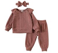 Generisch Tuta per ragazze neonate e ragazze, colore chiaro, top a maniche lunghe con maniche volanti, pantaloni e copricapo, vestito in tre pezzi vestiti per neonati, Colore: rosa., 12-18 Monate