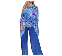 Generisch Tuta psichedelica colorata da donna, in chiffon, per il tempo libero, 2 pezzi, top + pantaloni lunghi, 2 pezzi, a vita alta, elegante tuta streatwear, Blu, XXL