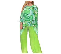 Generisch Tuta psichedelica colorata da donna, in chiffon, per il tempo libero, 2 pezzi, top + pantaloni lunghi, 2 pezzi, a vita alta, elegante tuta streatwear, verde, L