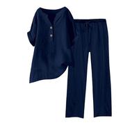 Generisch Tuta sportiva da donna, 2 pezzi, in lino, per il tempo libero, in lino, tinta unita, in due pezzi, camicetta e pantaloni lunghi, elegante, Blu marino, XXL