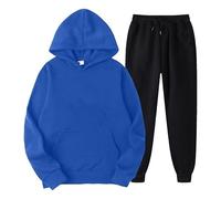 Generisch Tuta sportiva da donna, lunga, in due pezzi, da jogging, per tutti i giorni, per il fitness, con cappuccio, con cappuccio, con scollo rotondo, pantaloni da jogging, yoga, Blu, L