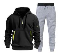 Generisch Tuta sportiva da uomo con cappuccio a mezza zip - Set di 2 pezzi con tasche con cerniera | Tuta funzionale per il tempo libero per lo sport e la vita quotidiana, Stil_o01 Nero, S