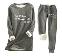 Generisch Tuta termica da donna per il tempo libero con scritta (Yes, I'm Cold), set da 2 pezzi con fodera in pile Teddy, calda tuta da casa per l'inverno, Stil_i03 Grigio, L
