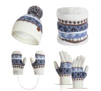 Generisch Un set di 4 cappelli a maglia per bambini in inverno, spessi e caldi, corde per appendere cappelli in lana per bambini dai 3 ai 10 anni, bianco, Taglia unica