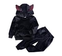Generisch Una tuta da ragazza alla moda con pantaloni e motivo ali d'angelo, molto morbida, adatta per tutti i giorni, scuola, tempo libero, inverno, a partire da un anno di vita, Nero , 6-7 Jahre