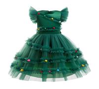 Generisch Uniforme scolastiche da ragazza, costume Flying Sleeve Dress Xmas Bow Knot Colorful Pompoms Dress Baby Girls 74 (verde, 11-12 anni)