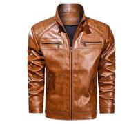 Generisch Uomo Autunno Inverno Orlo Diritto Tasche Tasche laterali Senza Cappuccio Sport Giacca In Pelle Collo Alto, marrone, 3XL