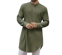 Generisch Uomo Caftano Musulmano Robe Casual Camicie Button Down Collo Tunica Kurta Manica Lunga Thobe Camicia Tradizionale Indiano Musulmano Abbigliamento Islamico Arabo Abiti, O verde, L