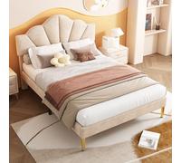 Generisch Velluto, Lit Rembourré, 140 x 190 cm, Lit Double, Lit en Forme de Coquille Avec Pieds en fer doré, tête de lit réglable en Hauteur, sommier à Lattes en Bois, beige