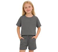 Generisch Vestito casual da bambina con top a maniche corte e pantaloncini, tinta unita, set di due pezzi, pantaloncini con cintura elastica in vita, abbigliamento casual comodo per le giornate calde