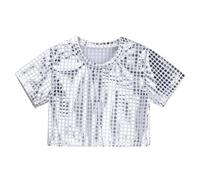 Generisch Vestito casual per bambini e bambine, con paillettes, per feste e carnevale, a maniche corte, argento, 5-6 Anni