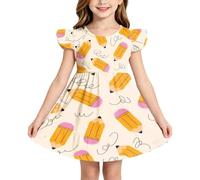 Generisch Vestito da bambina con maniche a volant, con stampa, casual, estivo, ideale per l'inizio della scuola e le feste, giallo., 6-7 Anni
