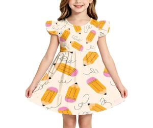 Generisch Vestito da bambina con maniche a volant, con stampa, casual, estivo, ideale per l'inizio della scuola e le feste, giallo., 6-7 Anni