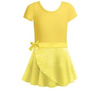 Generisch Vestito da danza con design a cuore, due pezzi, per danza classica, ginnastica, performance, abbigliamento a maniche corte per tutto l'anno, giallo., 4-5 Anni
