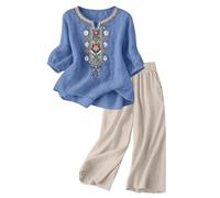 Generisch Vestito da donna in due pezzi in lino con top ricamato pantaloni larghi per le giornate estive casual, Blu, XXL