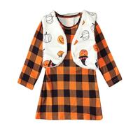 Generisch Vestito da festa di Natale per ragazze, per bambini, in totale, per bambini, plaid, per Halloween, set top gonna e gilet per abiti e set, Colore: arancione., 3-4 Jahre
