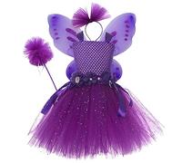 Generisch Vestito da principessa per bambine, per Halloween, con ali e bacchetta magica, set da 4 pezzi, Lilla, 4-5 Anni