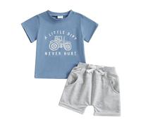 Generisch Vestito da ragazzo in due pezzi composto da una maglietta a maniche corte con scollo rotondo e stampa trattori e pantaloncini in tinta unita, Blu, 4 anni