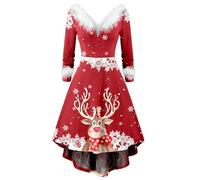 Generisch Vestito di Natale da donna, abito da festa di Natale, costume da Babbo Natale, costume da Miss Santa a maniche lunghe, abito di Natale, abito da donna midi a maniche lunghe, con scollo a V