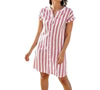 Generisch Vestito estivo da donna a righe, a maniche corte, alla moda, lunghezza al ginocchio, per il tempo libero, leggero, con bottoni, maniche a volant, abito per il tempo libero, O rosso., L