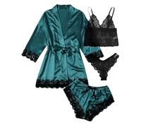 Generisch Vestito estivo da donna, set da 4 pezzi, con spalline in raso e accappatoio da donna, seducente e confortevole, verde, L
